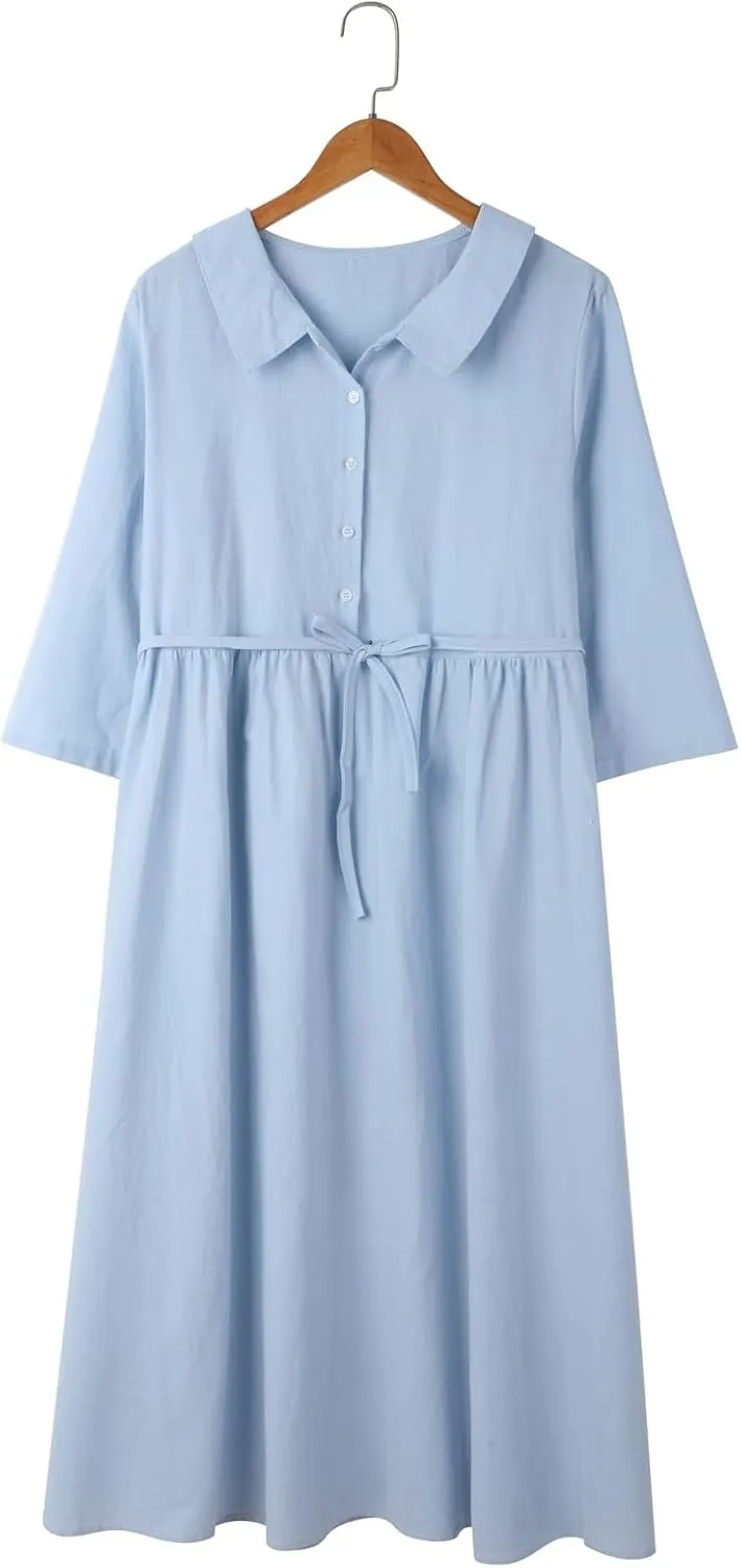 Maxi Dresses for Women 2025 Summer Casual Plus Size Cotton Linen Dress 3/4 Sleeve Comfy Beach Vacation Sundresses