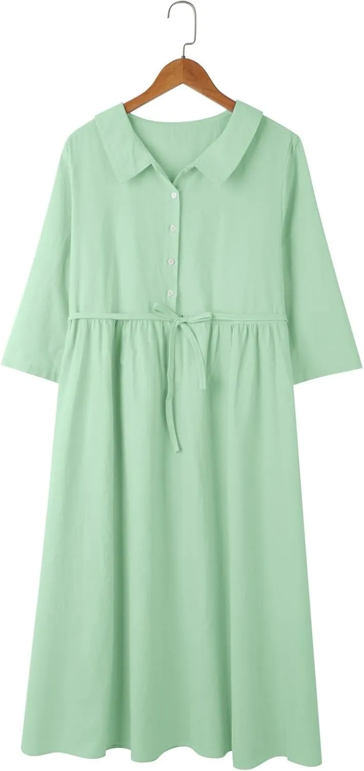 Maxi Dresses for Women 2025 Summer Casual Plus Size Cotton Linen Dress 3/4 Sleeve Comfy Beach Vacation Sundresses
