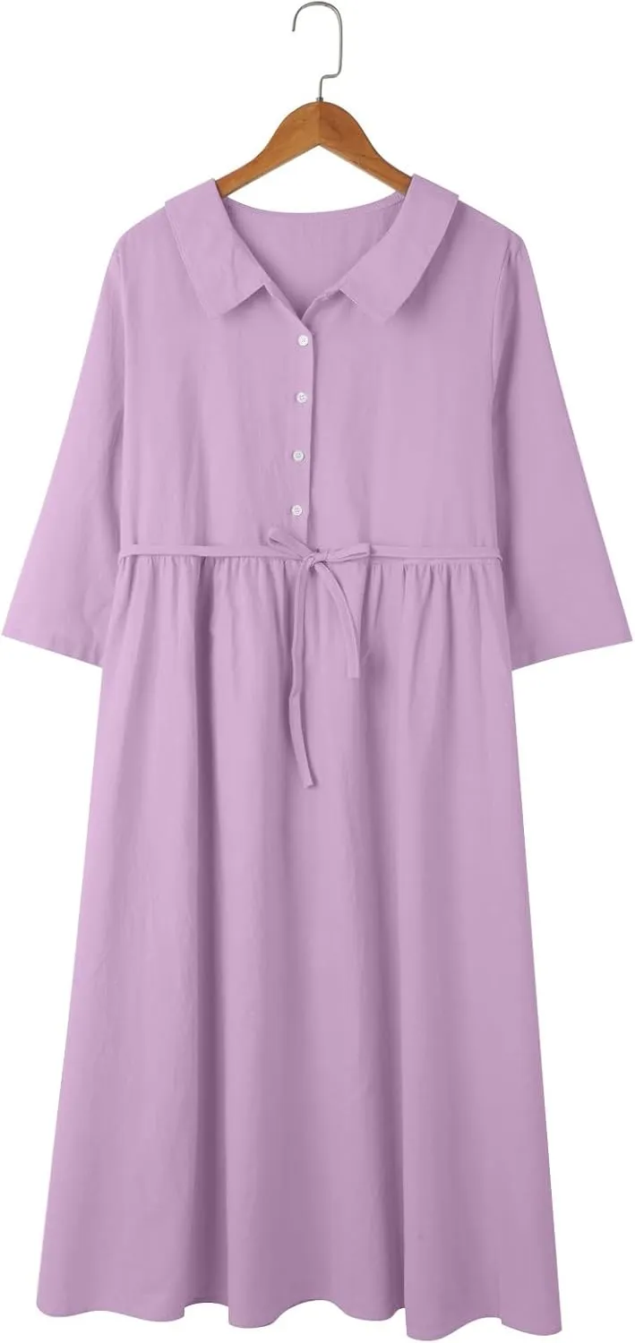Maxi Dresses for Women 2025 Summer Casual Plus Size Cotton Linen Dress 3/4 Sleeve Comfy Beach Vacation Sundresses