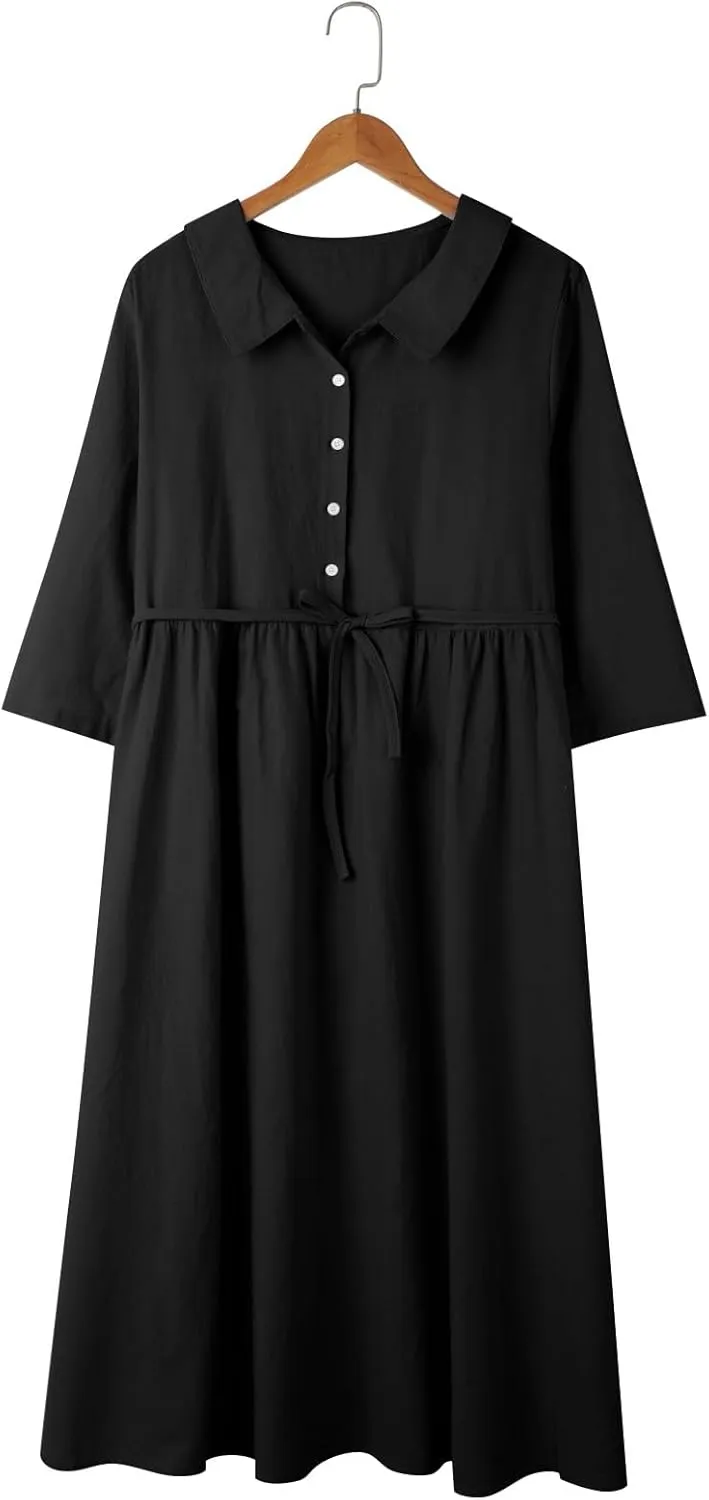 Maxi Dresses for Women 2025 Summer Casual Plus Size Cotton Linen Dress 3/4 Sleeve Comfy Beach Vacation Sundresses