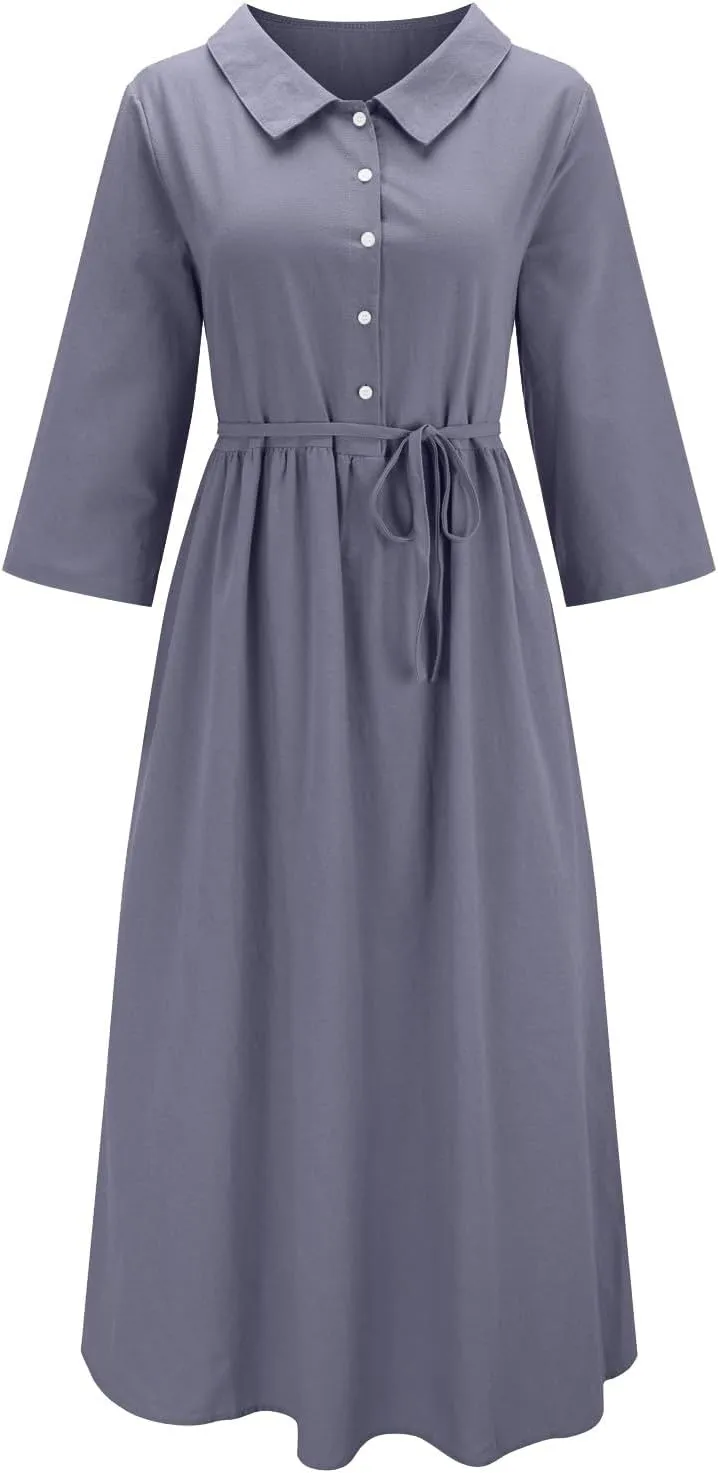 Maxi Dresses for Women 2025 Summer Casual Plus Size Cotton Linen Dress 3/4 Sleeve Comfy Beach Vacation Sundresses
