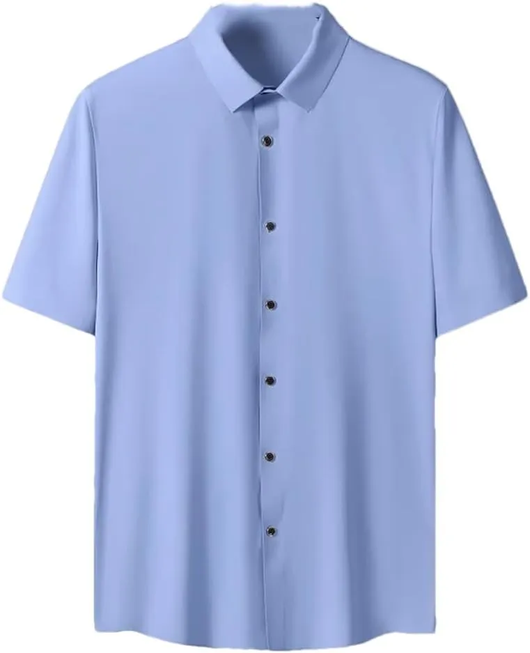 Men Summer Solid Color Short Sleeve Shirt Loose Single-Breasted Casual Shirts Male Quick Dry Blouse