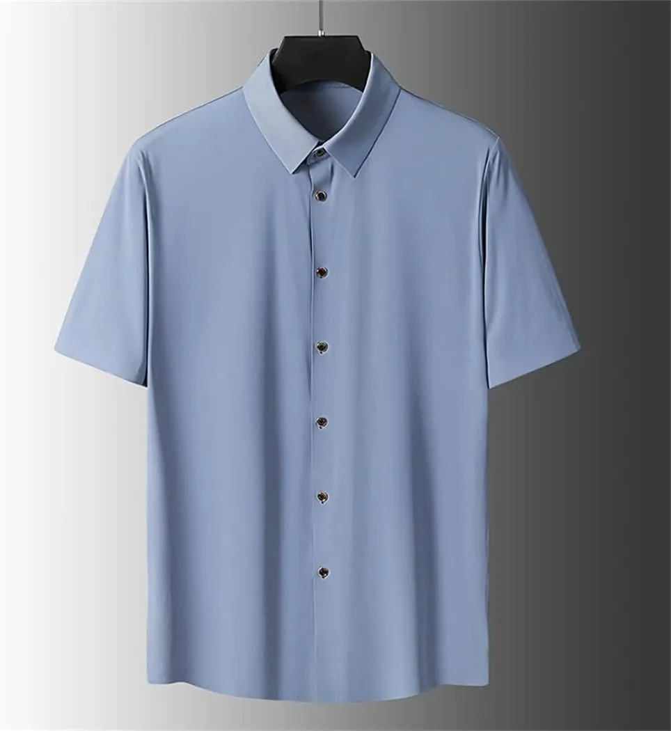 Men Summer Solid Color Short Sleeve Shirt Loose Single-Breasted Casual Shirts Male Quick Dry Blouse