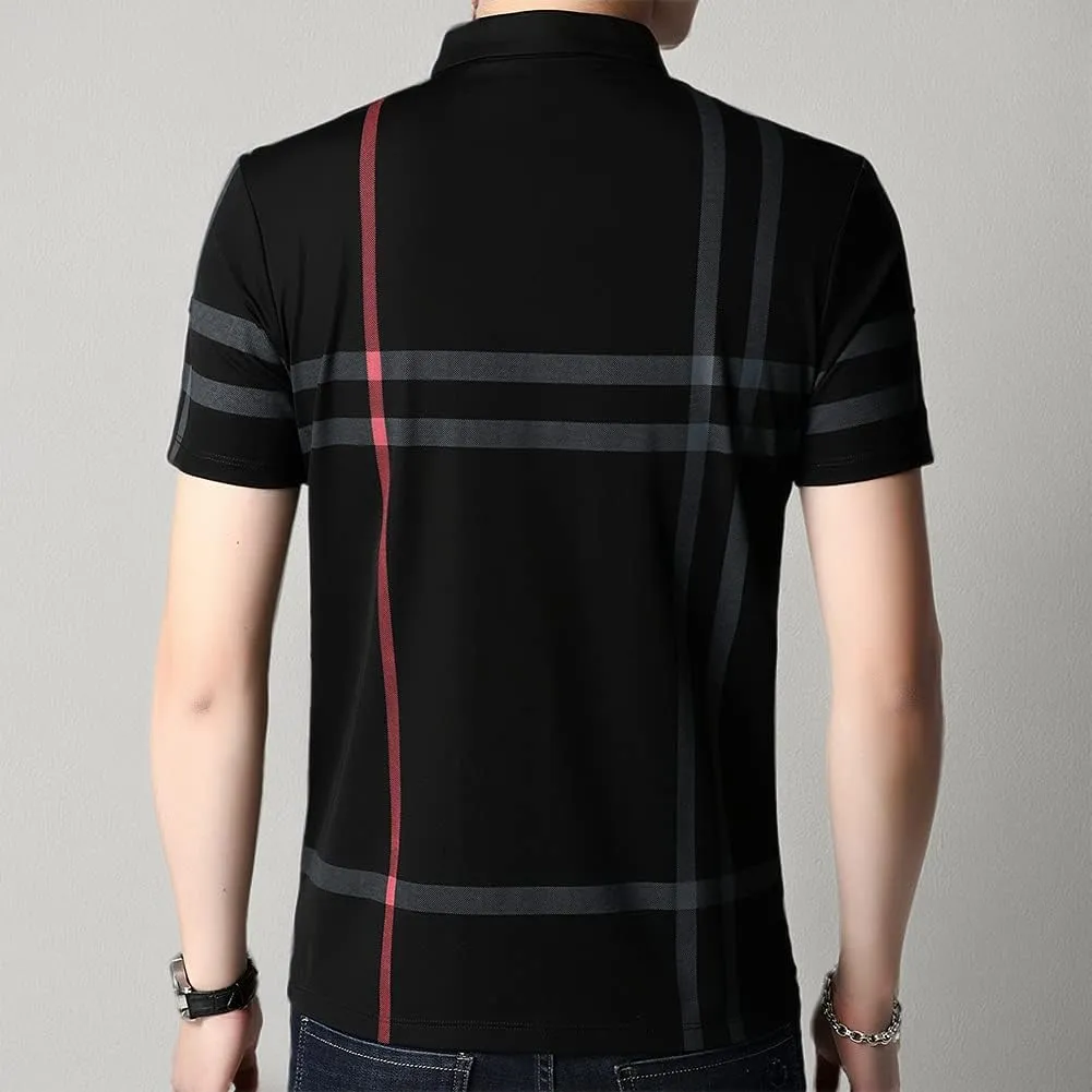 Mens Casual Striped Short Sleeve Collared T Shirt Polo Shirts