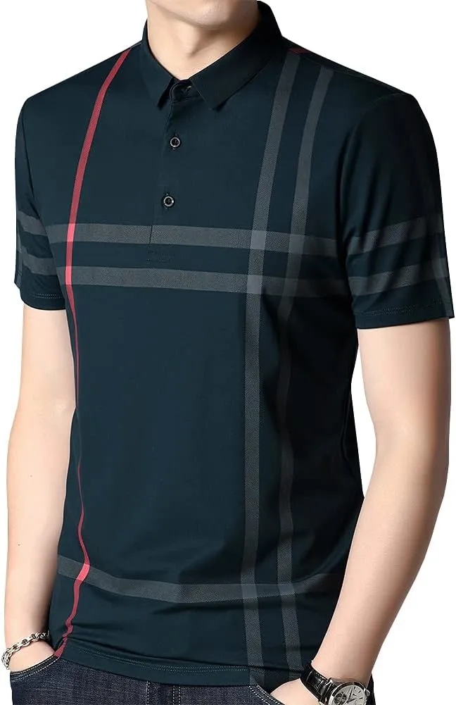Mens Casual Striped Short Sleeve Collared T Shirt Polo Shirts