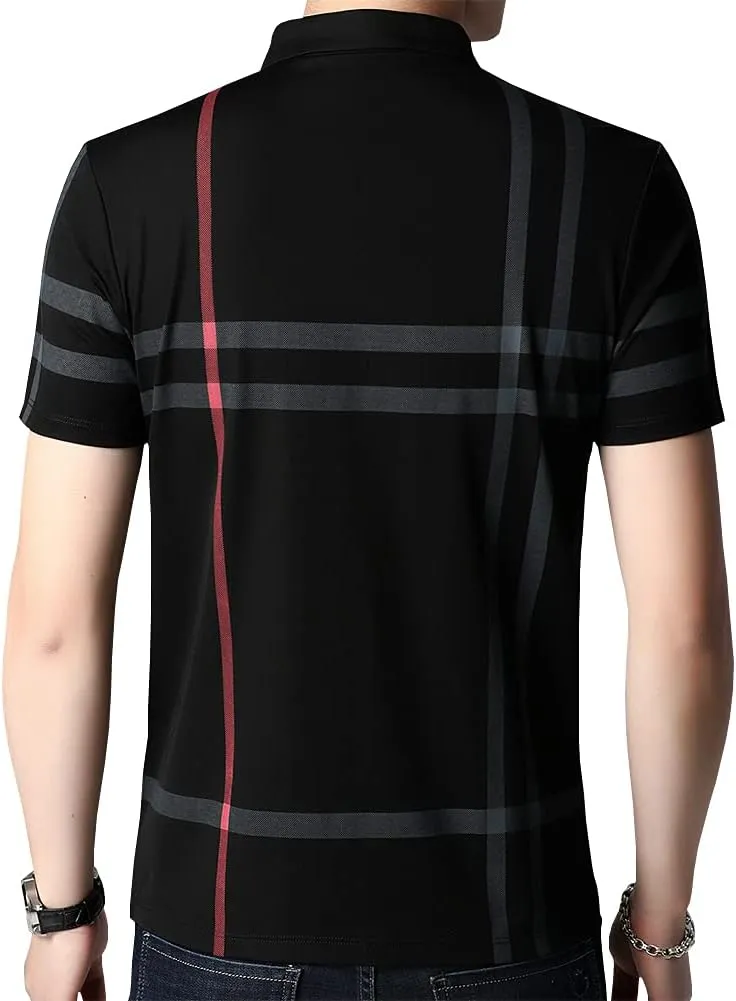 Mens Casual Striped Short Sleeve Collared T Shirt Polo Shirts