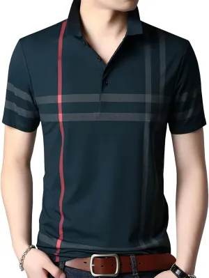 Mens Casual Striped Short Sleeve Collared T Shirt Polo Shirts