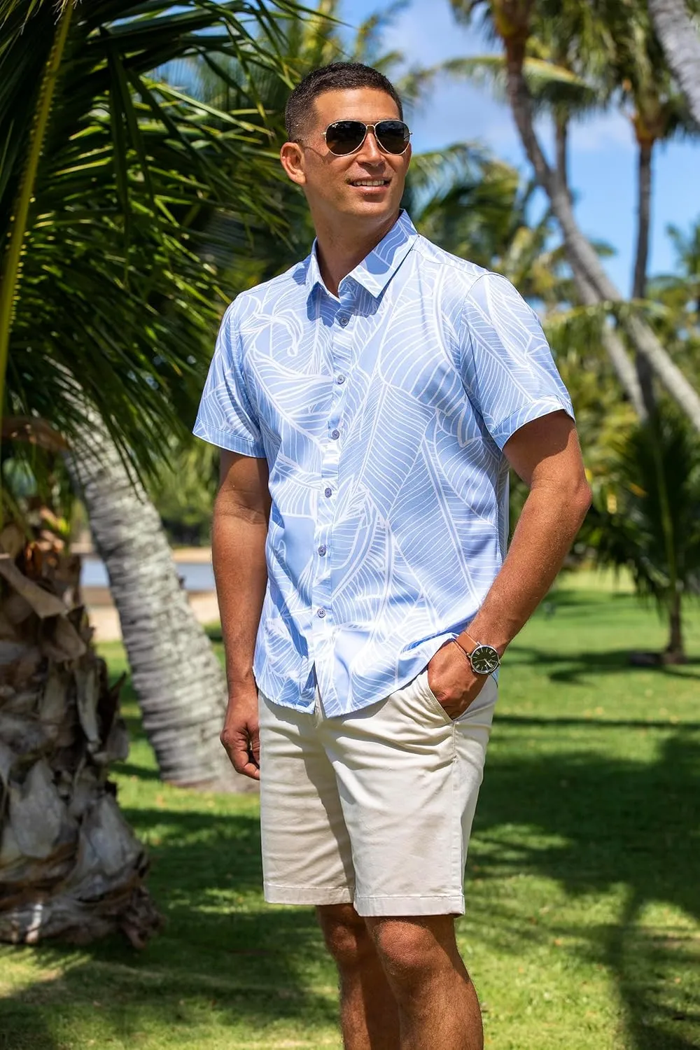 Mens Hawaiian Shirt Tropical Stretch Short Sleeve, Casual Button-Down Shirts