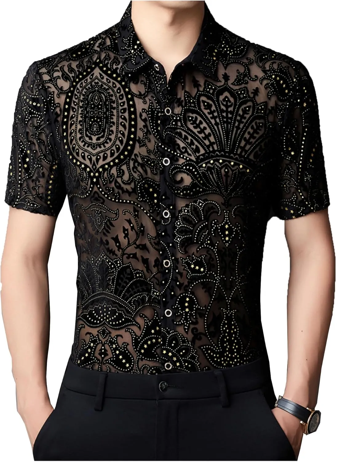 Mens Pattern Short Sleeve Shirts Button Down Slim Fit