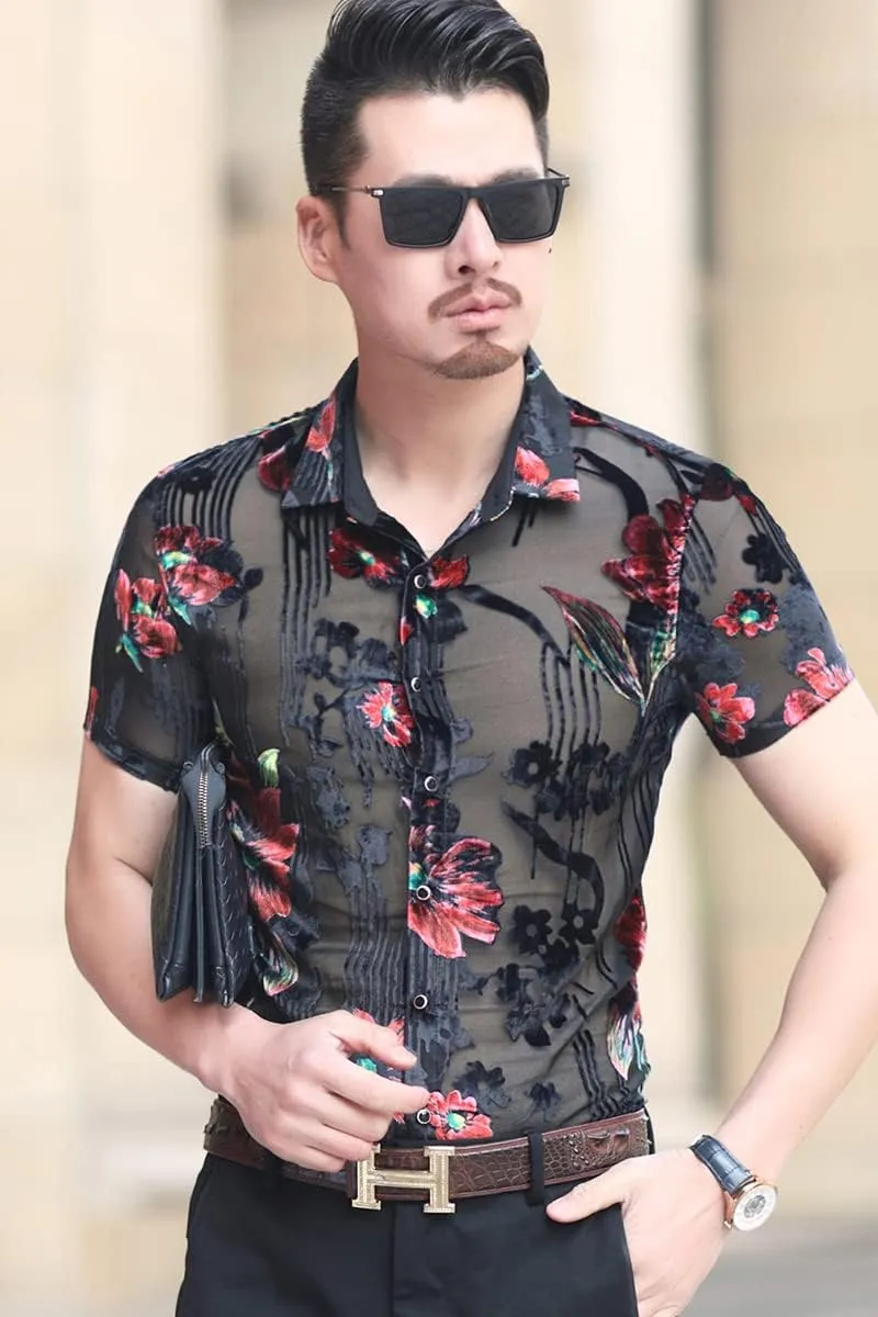 Mens Pattern Short Sleeve Shirts Button Down Slim Fit