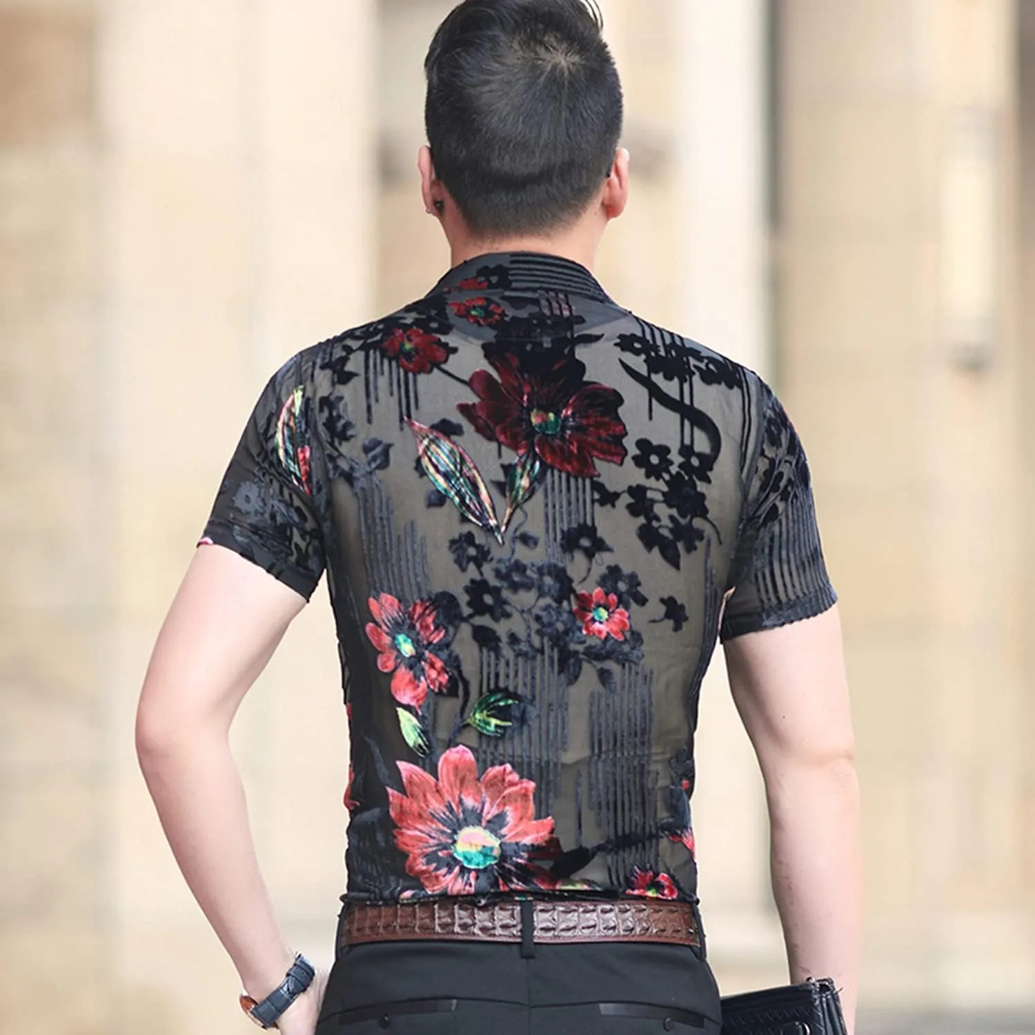 Mens Pattern Short Sleeve Shirts Button Down Slim Fit