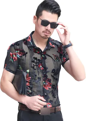 Mens Pattern Short Sleeve Shirts Button Down Slim Fit