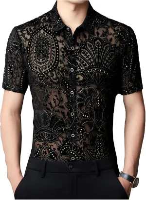 Mens Pattern Short Sleeve Shirts Button Down Slim Fit