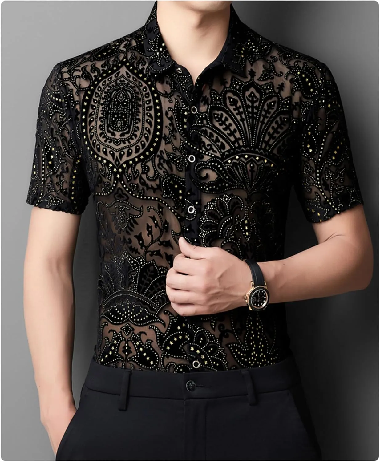 Mens Pattern Short Sleeve Shirts Button Down Slim Fit