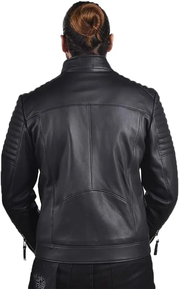 Mens Quilted Motorcycle Black Leather Jacket Genuine Sheepskin Biker Jackets Real Leather Jackets For Men