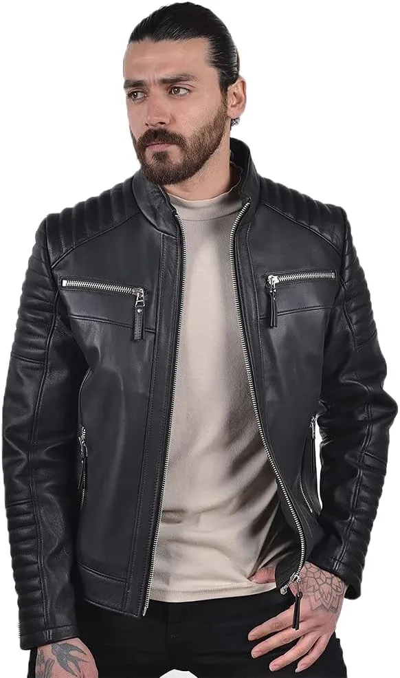 Mens Quilted Motorcycle Black Leather Jacket Genuine Sheepskin Biker Jackets Real Leather Jackets For Men