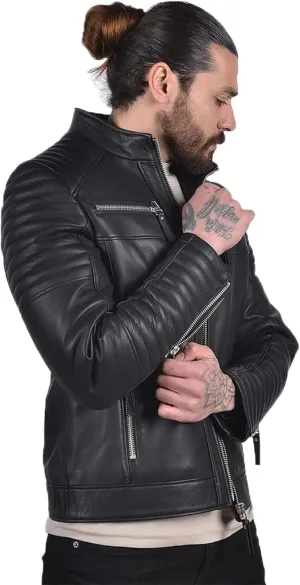 Mens Quilted Motorcycle Black Leather Jacket Genuine Sheepskin Biker Jackets Real Leather Jackets For Men