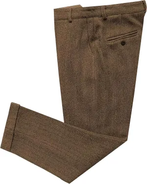 Men's Vintage Herringbone Tweed Suit Pants Slim Fit Thick Wool Flat Front Dress Trousers