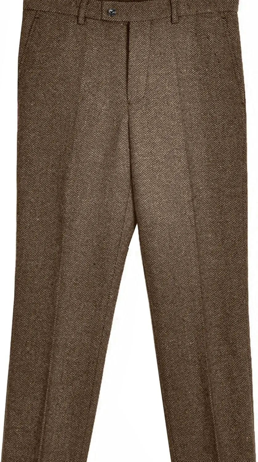 Men's Vintage Herringbone Tweed Suit Pants Slim Fit Thick Wool Flat Front Dress Trousers