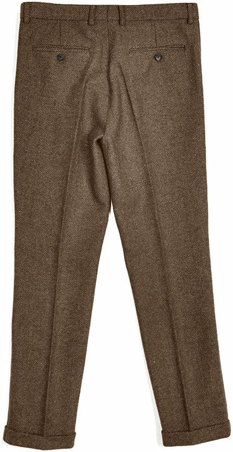 Men's Vintage Herringbone Tweed Suit Pants Slim Fit Thick Wool Flat Front Dress Trousers