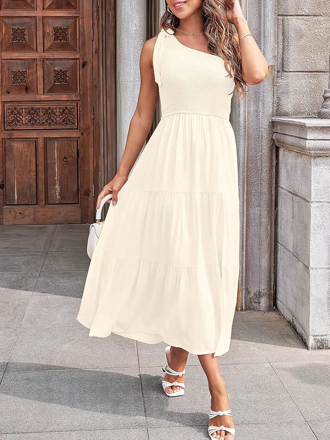 MEROKEETY Women's Summer One Shoulder Sleeveless Knot Smocked Midi Dress Split Tiered Flowy Dresses