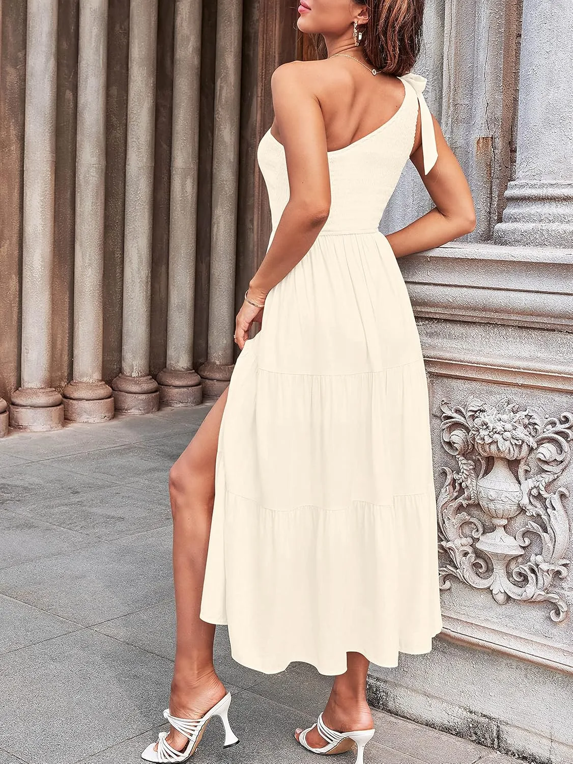 MEROKEETY Women's Summer One Shoulder Sleeveless Knot Smocked Midi Dress Split Tiered Flowy Dresses