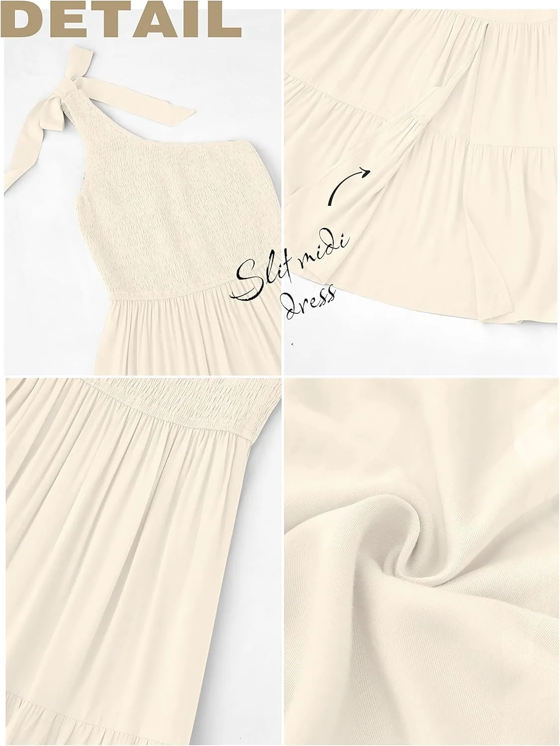 MEROKEETY Women's Summer One Shoulder Sleeveless Knot Smocked Midi Dress Split Tiered Flowy Dresses
