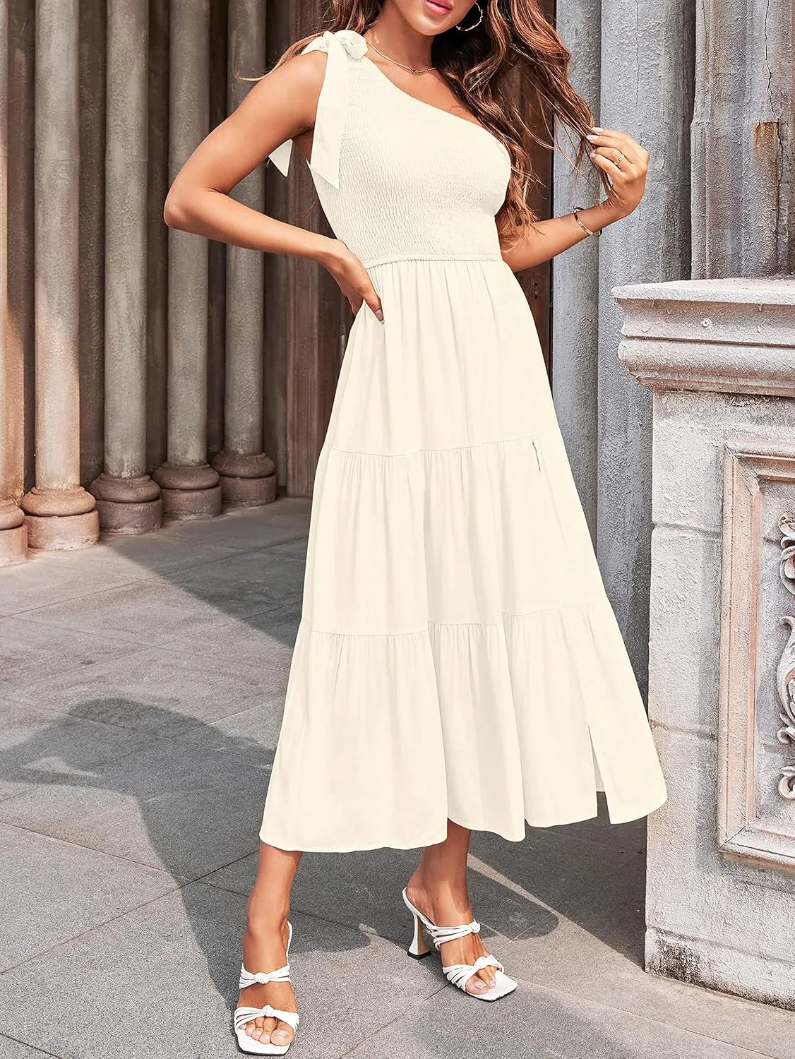 MEROKEETY Women's Summer One Shoulder Sleeveless Knot Smocked Midi Dress Split Tiered Flowy Dresses