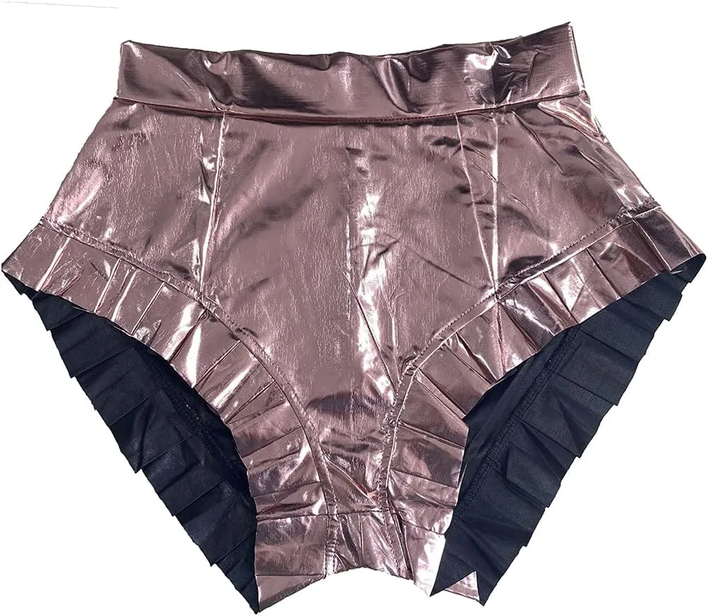 MESLIMA Women's Fashion Metallic Pants Shiny Pants Yoga Sparkly Elastic Waist Rave Ruffle Shorts