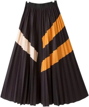 Midi Long Pleated Skirt Women Fashion Autumn Winter Korean Style Patchwork High Waist Mid-Length Skirt Female Black One Size