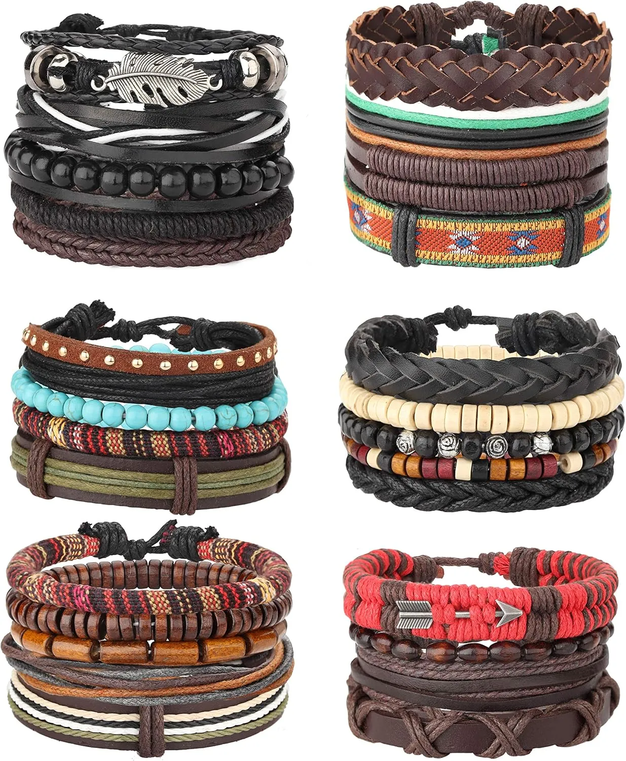 MILACOLATO 22-32 Pcs Braided Leather Bracelet for Men Women Woven Wrist Cuff Bracelets Hemp Cords Wood Beads Ethnic Tribal Handmade Wrap Adjustable