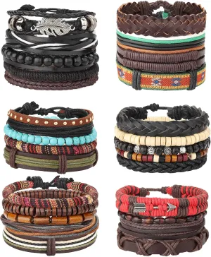 MILACOLATO 22-32 Pcs Braided Leather Bracelet for Men Women Woven Wrist Cuff Bracelets Hemp Cords Wood Beads Ethnic Tribal Handmade Wrap Adjustable