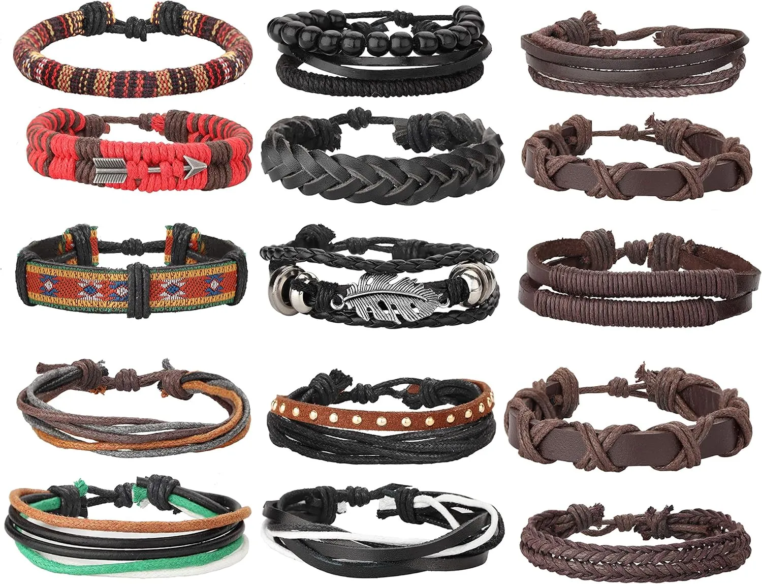 MILACOLATO 22-32 Pcs Braided Leather Bracelet for Men Women Woven Wrist Cuff Bracelets Hemp Cords Wood Beads Ethnic Tribal Handmade Wrap Adjustable