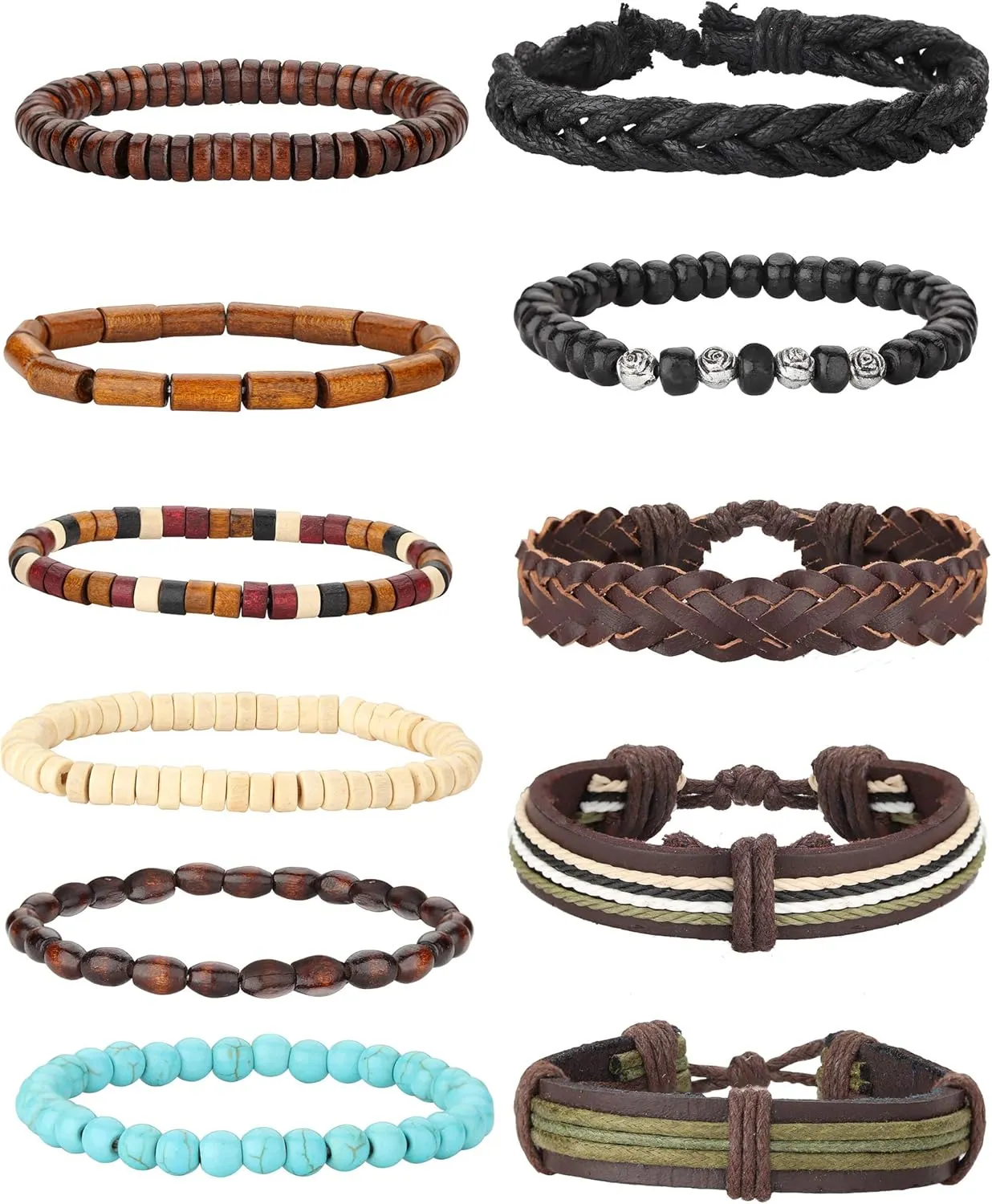 MILACOLATO 22-32 Pcs Braided Leather Bracelet for Men Women Woven Wrist Cuff Bracelets Hemp Cords Wood Beads Ethnic Tribal Handmade Wrap Adjustable