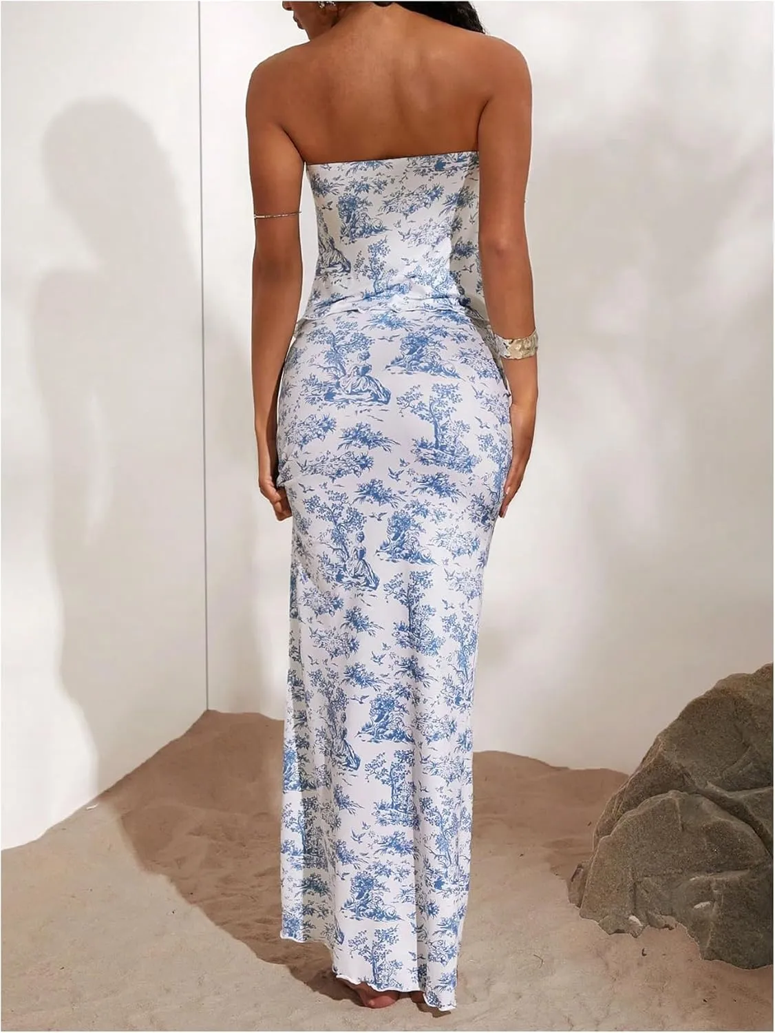 Milumia Women's 2 Piece Outfit Boho Floral Twisted Tube Top and Maxi Bodycon Skirt Set