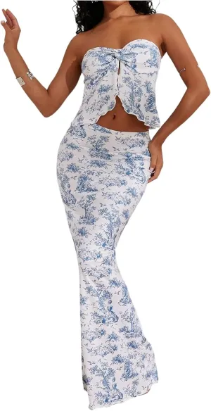 Milumia Women's 2 Piece Outfit Boho Floral Twisted Tube Top and Maxi Bodycon Skirt Set