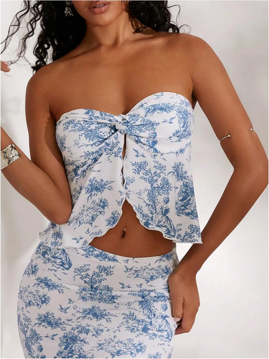 Milumia Women's 2 Piece Outfit Boho Floral Twisted Tube Top and Maxi Bodycon Skirt Set
