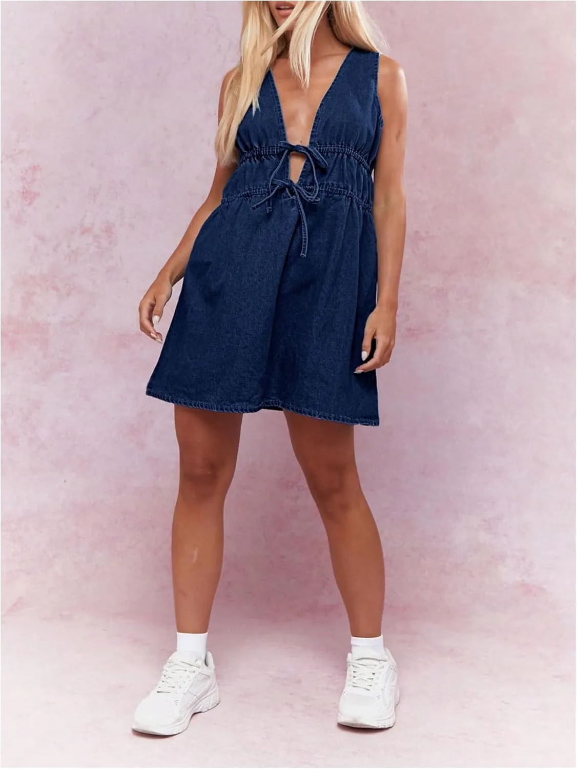 Milumia Women's Bow Tie Plunge V Neck Sleeveless Straight Denim Short Dresses