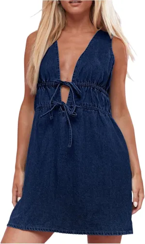 Milumia Women's Bow Tie Plunge V Neck Sleeveless Straight Denim Short Dresses