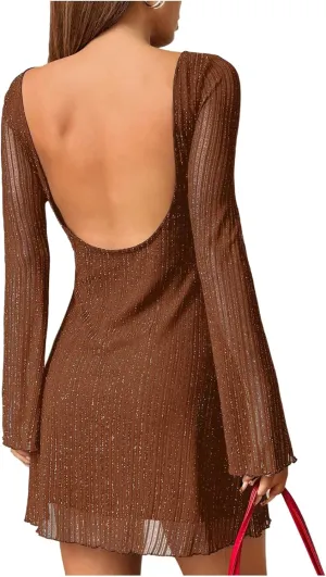 Milumia Women's Sparkly Mesh Long Sleeve Short Dress Backless Glitter Mini Dresses