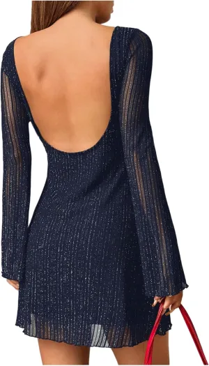 Milumia Women's Sparkly Mesh Long Sleeve Short Dress Backless Glitter Mini Dresses