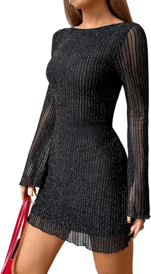 Milumia Women's Sparkly Mesh Long Sleeve Short Dress Backless Glitter Mini Dresses