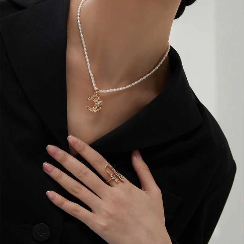 Mini Pearl Necklace Choker with Gold Moon Pendant