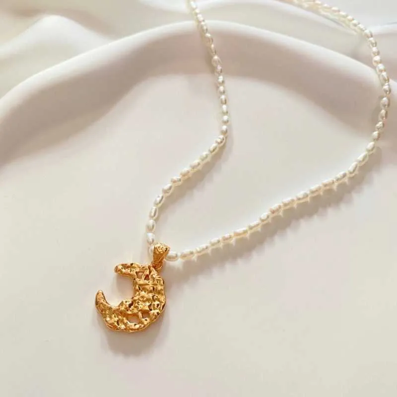 Mini Pearl Necklace Choker with Gold Moon Pendant