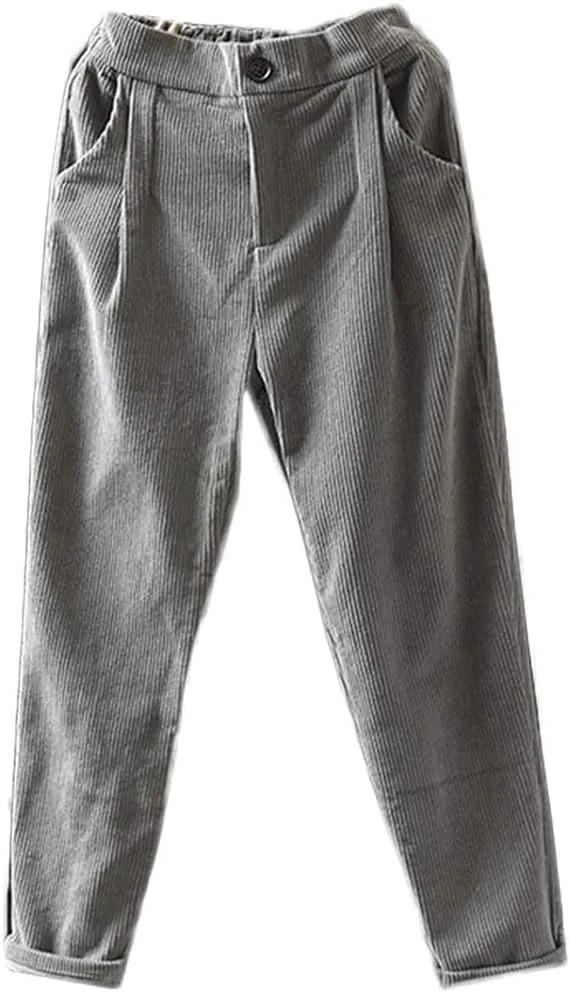 Minibee Women's Cropped Corduroy Pants Elastic Waist Retro Trouser with Pockets