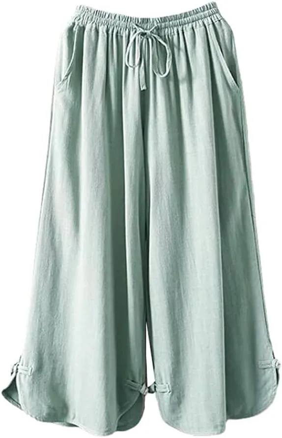 Minibee Women's Linen Pants Drawstring Waist Wide Leg Trousers with Frog Button