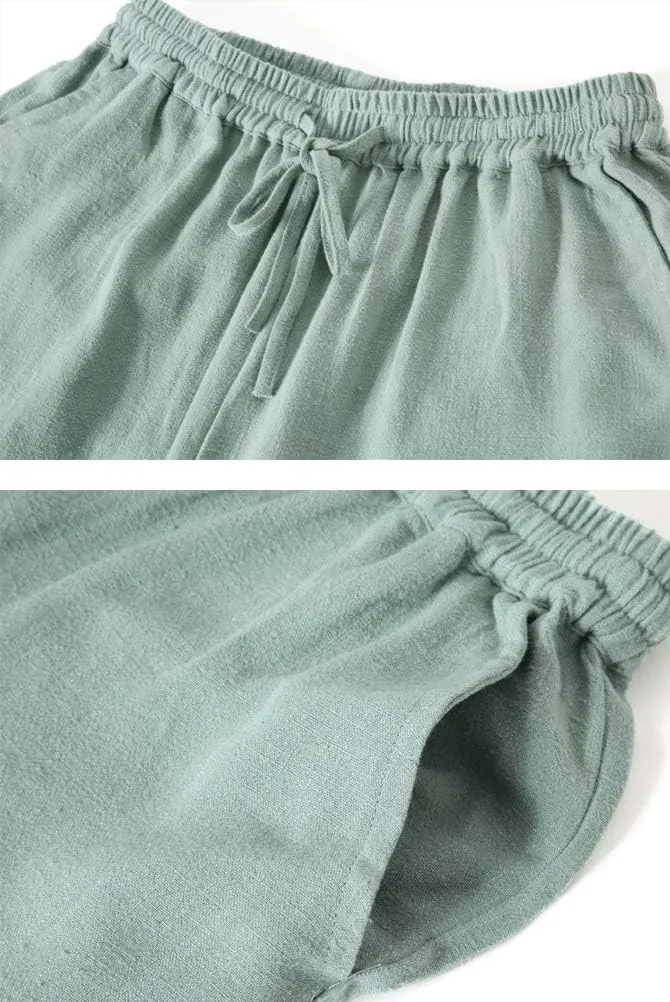 Minibee Women's Linen Pants Drawstring Waist Wide Leg Trousers with Frog Button