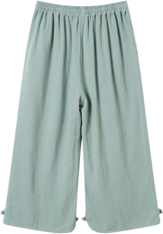 Minibee Women's Linen Pants Drawstring Waist Wide Leg Trousers with Frog Button