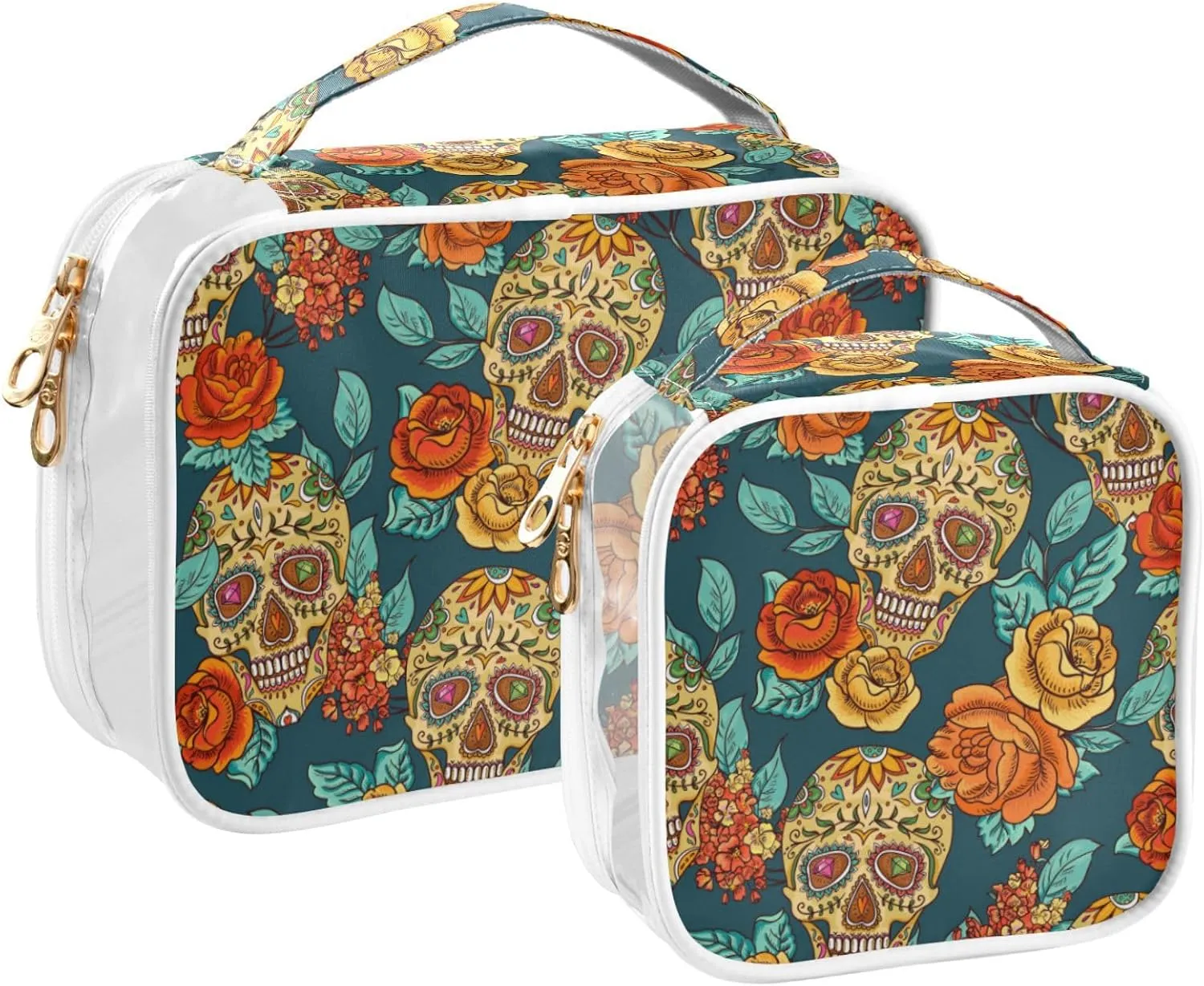 MNSRUU Clear Makeup Bags Skull and Flower Toiletry Bag for Women 2 PCS Waterproof Clear Bags Clear Travel Toiletry Bag Small Cosmetic Makeup Bag, Carry on Airport Airline Compliant Bag