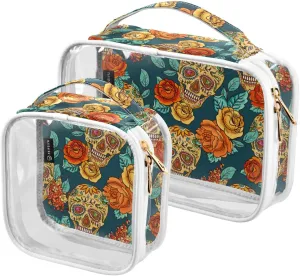 MNSRUU Clear Makeup Bags Skull and Flower Toiletry Bag for Women 2 PCS Waterproof Clear Bags Clear Travel Toiletry Bag Small Cosmetic Makeup Bag, Carry on Airport Airline Compliant Bag